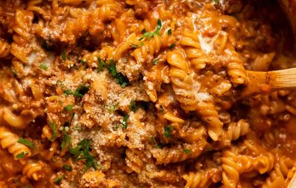 Pot of freshly made One pot creamy tomato beef pasta