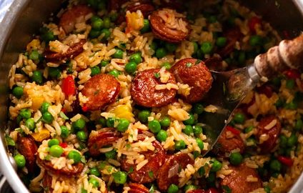 Freshly cooked pot of One Pot Smoked Sausage and Rice